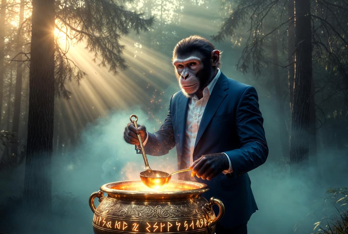 Business-suited monkey stirring a glowing golden cauldron in a misty forest